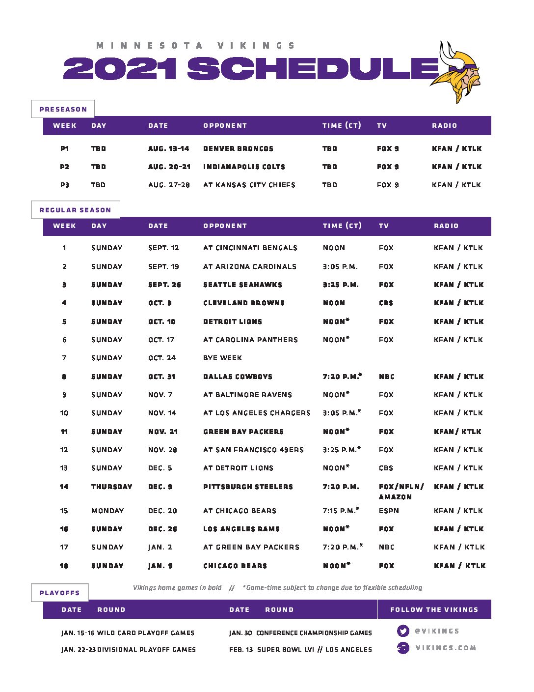 Vikings release 2021 schedule - Minnesota News Network